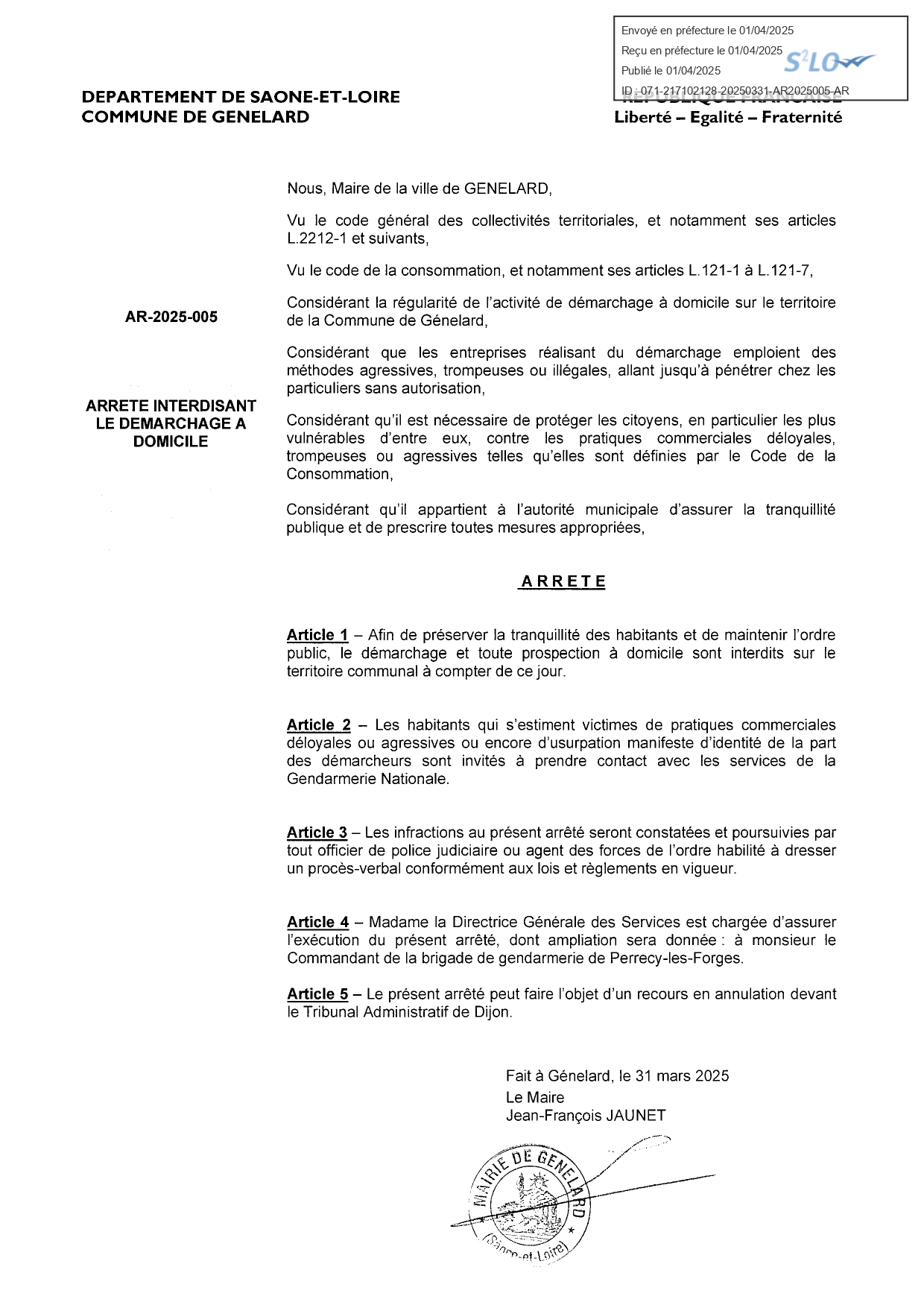 Interdiction du démarchage à domicile à Génelard