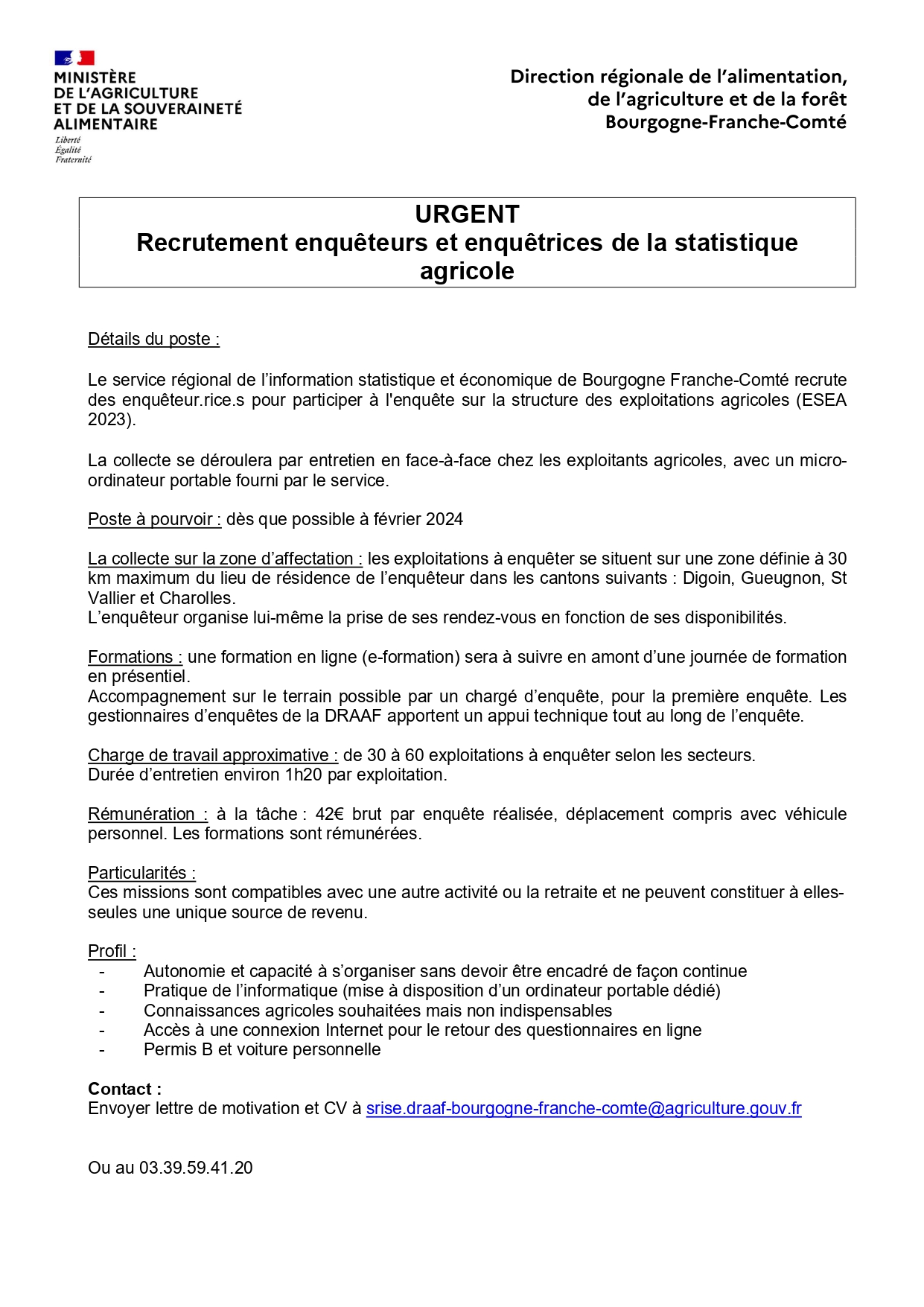 Recrutement d'enquêteurs et enquêtrices de la statistique agricole